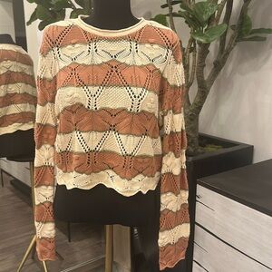 RSQ Knit Sweater Scalloped Edges Fall Colors Partial Open Knit Pattern